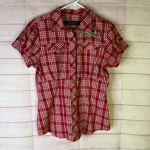 Coogi Plaid Short Sleeve Patch Rhinestone Button Front Shirt Size‎ Large